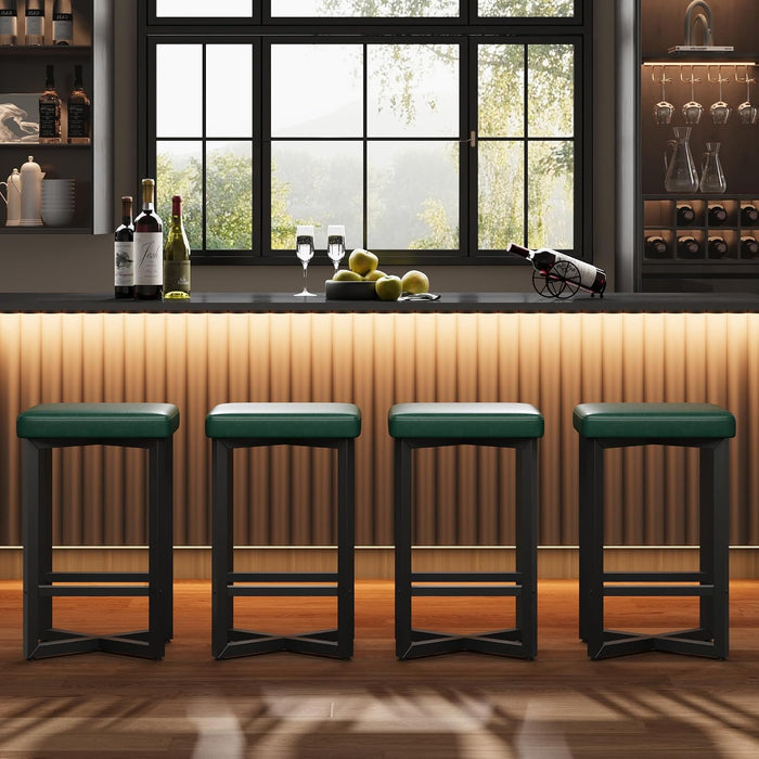24.6" Bar Stools Set of 4 with PU Leather Upholstered Seats, Green | Counter Height Bar Stools with Metal Frame & Footrest, Modern Backless Kitchen Barstools for Home Bar, Dining Room