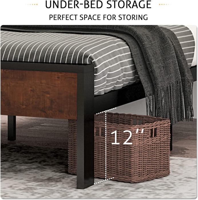 14 Inch King Size Metal Platform Bed Frame with Wooden Headboard and Footboard, Mattress Foundation, No Box Spring Needed, Large under Bed Storage, Mahogany