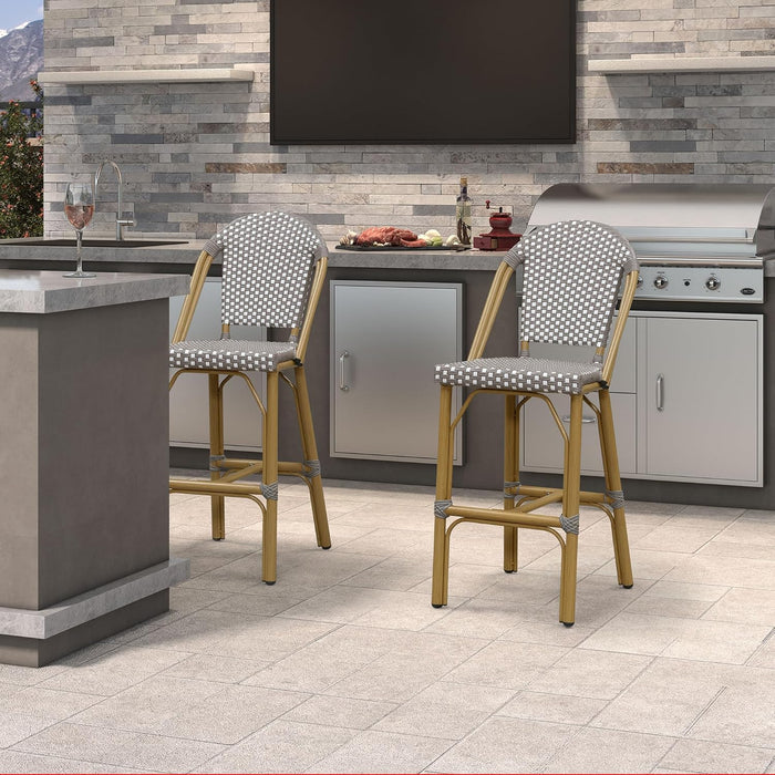 French Bar Stools Set of 2 Bamboo Print Finish Outdoor Bar Stools with Back Rattan 27'' Patio Bar Stool for Pool Garden Kitchen Outdoor Barstool, Grey