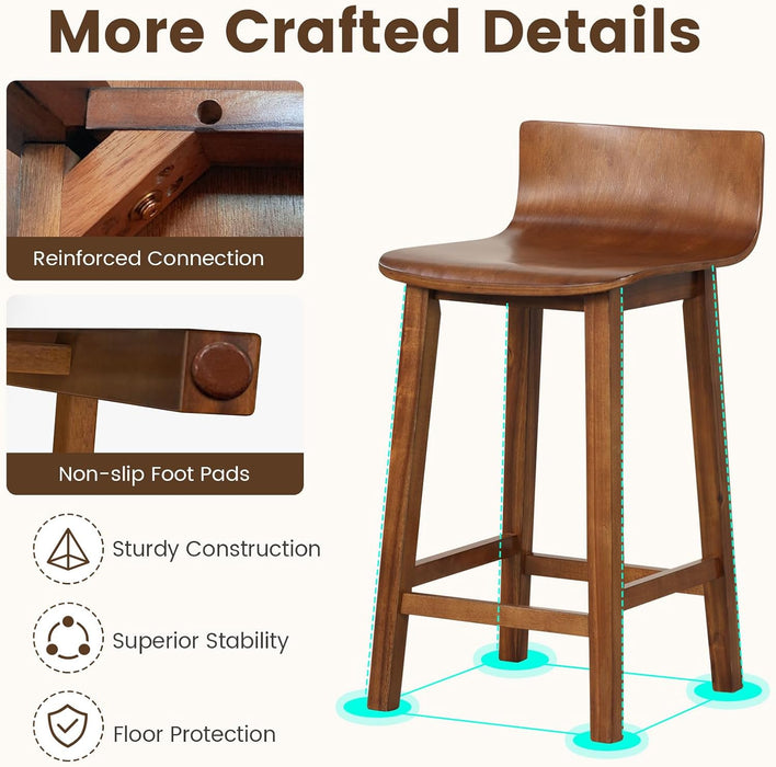24.5" Bar Stools Set of 2, Counter Height Bar Stools W/Low Back & Footrest, Farmhouse Wooden Bar Dining Chairs, Armless Wood Barstools for Kitchen Island, Pub, Kitchen, Cafe, Breakfast, Brown