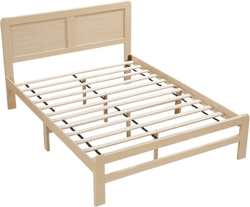 Queen Platform Bed, Faux Wood Veneer Platform Bed Frame with Panel Headboard, Strong Wooden Slats Support, No Box Spring Required, Easy Assembly, Natural