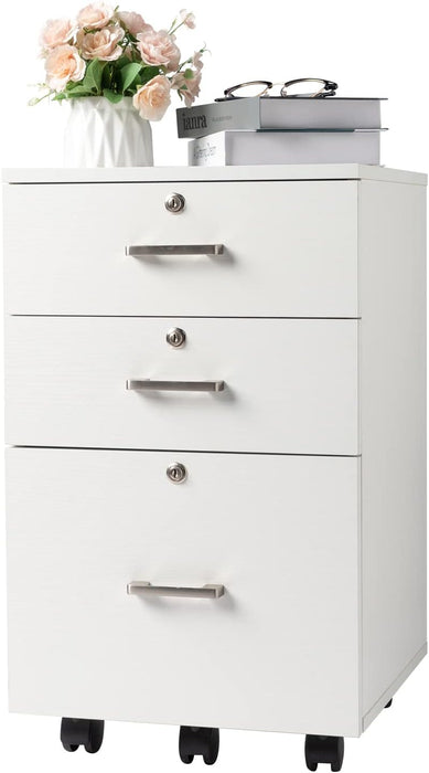 White Mobile File Cabinet, 3 Drawers, Lock