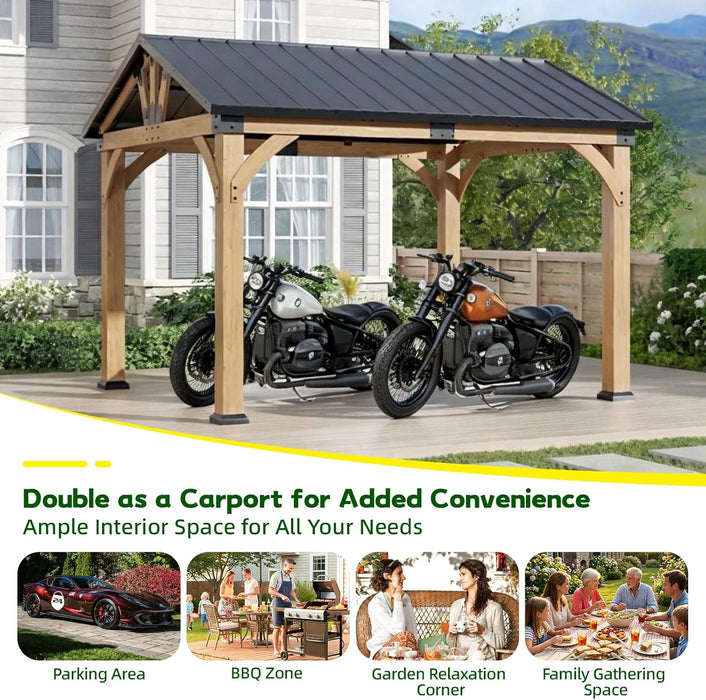 10X12 Ft Cedar Wood Gazebo, Hardtop Gazebo with Galvanized Steel Peak Roof, Outdoor Pavilion for Garden, Backyard, Patio, Deck
