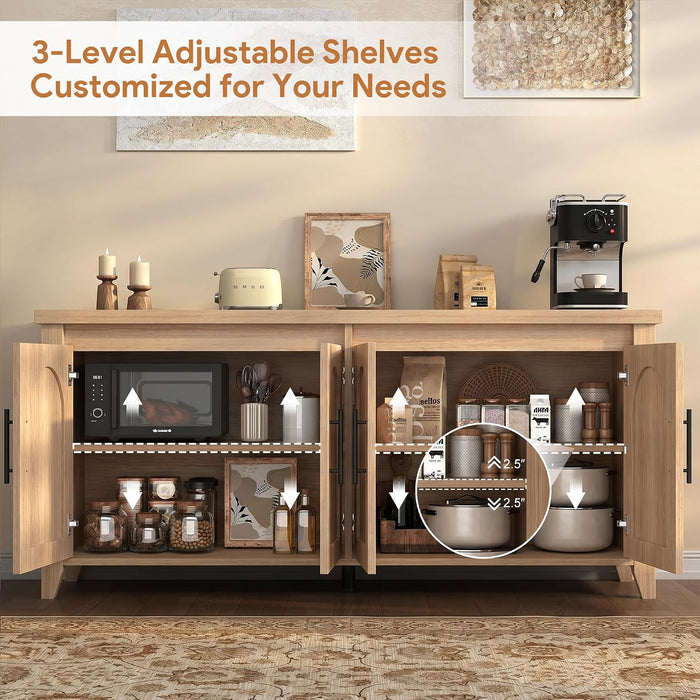 63" Fluted Sideboard Buffet Cabinet with Storage, Mid Century Modern Wood Arched Credenza, 4 Door Accent Console Table for Dining Room, Kitchen, Coffee Bar, Natural
