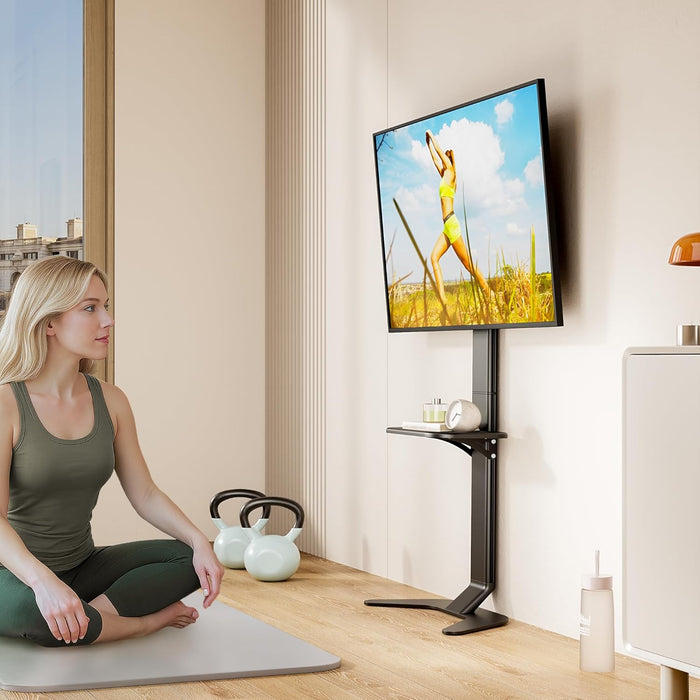 Ultra Slim Floor TV Stand for 37–86 Inch Tvs, Modern Curved Base with Shelf, Adjustable Height & Tilt, Space-Saving Design with Cable Management, Fits VESA 600X400Mm, Black