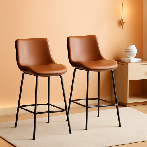 Counter Height Bar Stools Set of 2, FSC Certified Upholstered Faux Leather Barstools with Back, Metal Base, 27" Seat Height, Modern Upholstered Counter Stools for Kitchen Island,(Walnut Brown