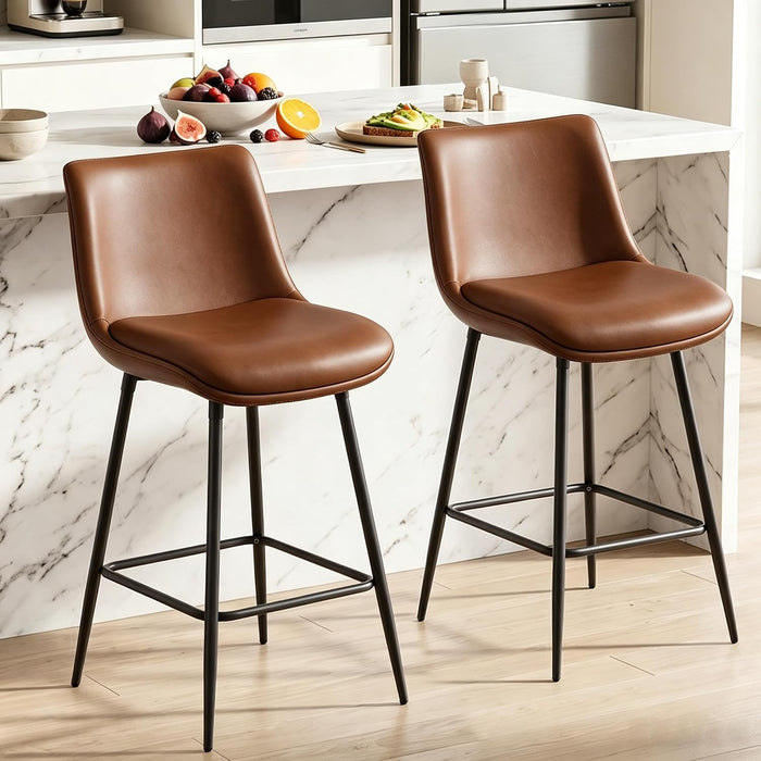 Counter Height Bar Stools Set of 4, FSC Certified Upholstered Faux Leather Barstools with Back, Metal Base, 27" Seat Height, Modern Upholstered Counter Stools for Kitchen Island,(Walnut Brown