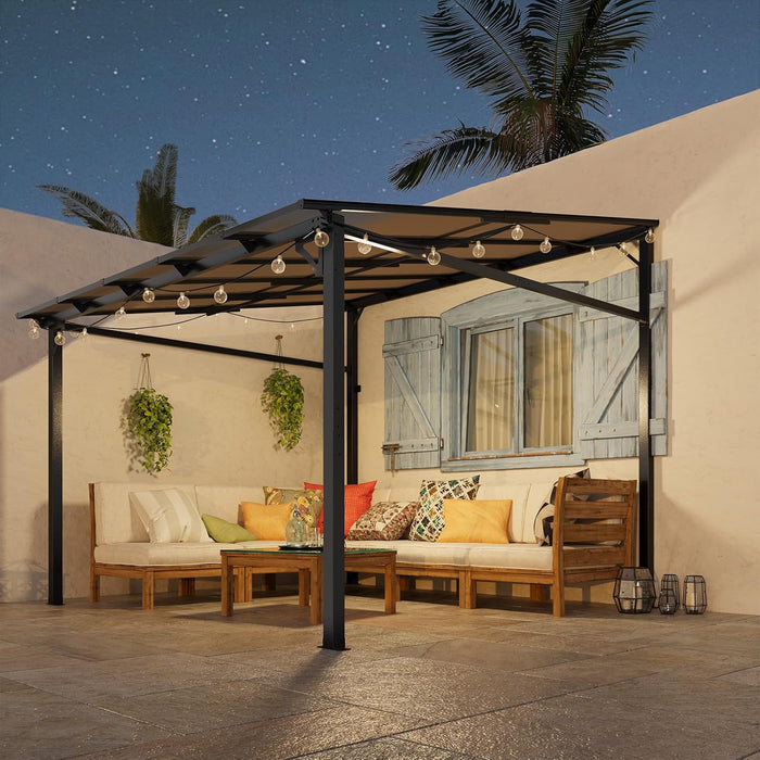 10 X 10 FT Wall Mounted Gazebo Pergola for Patio, Hardtop Gazebo with Sloped Polycarbonate Roof, Lean to Carport with 4-Pillar Aluminum Frame, Outdoor Garden Deck Shade for Decks, Backyard