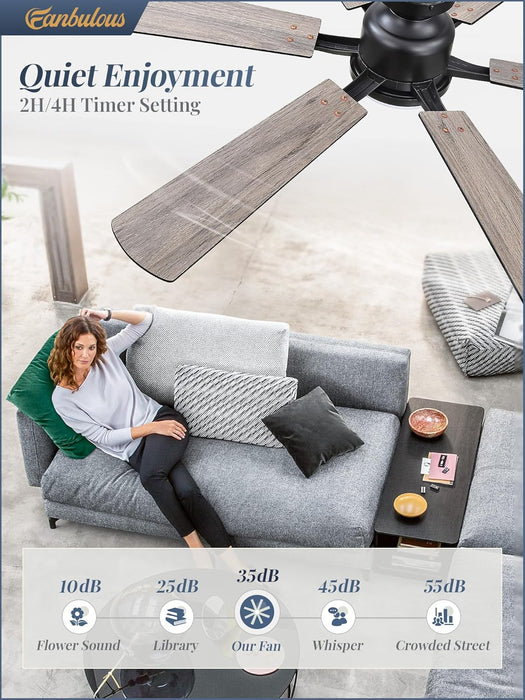 52 Inch Ceiling Fan with Lights, APP & Remote Control, Flush Mount Low Profile Black Ceiling Fan, 3000-6000K Dimmable LED, Quiet Reversible Motor, 6 Blades, 6 Speeds, for Bedroom Living Room