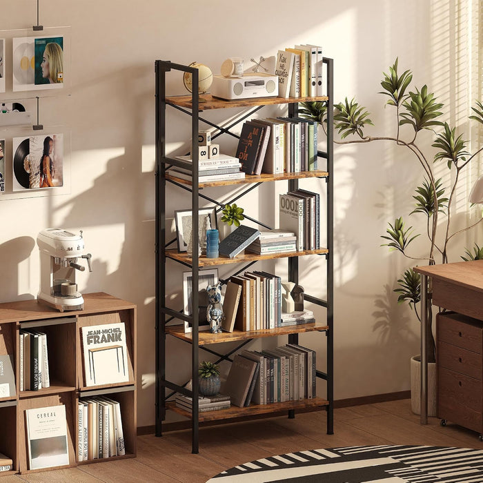 Folding Bookshelf,5 Tier Bookcase Foldable Shelf with X-Bracket Design, Adjustable Feet, Space Saving Storage for Living Room, Office, Rustic Brown