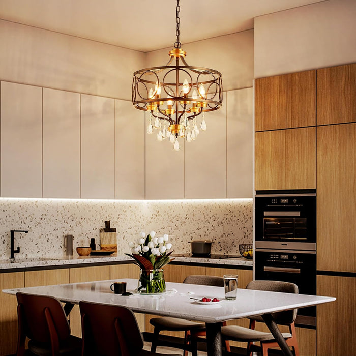 Crystal Chandeliers for Dining Room,17.7" Black and Gold 6 Lights Hanging Pendant Lighting Fixture Metal Farmhouse Chandelier for Kitchen Island Entryway Living Room