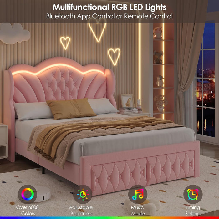 Full Bed Frame with LED Lights and 2 Storage Drawers, Velvet Upholstered Platform with 47" Tall Arc-Shaped Wingback Headboard and Button Tufted Design, No Box Spring Needed, Noise-Free, Pink