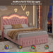 Full Bed Frame with LED Lights and 2 Storage Drawers, Velvet Upholstered Platform with 47" Tall Arc-Shaped Wingback Headboard and Button Tufted Design, No Box Spring Needed, Noise-Free, Pink