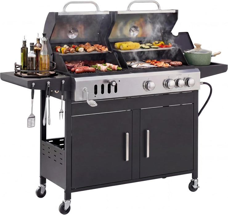 Charcoal and Propane Gas Grill Combo with Side Burner & Porcelain-Enameled Cast Iron Grate, Dual Fuel BBQ Grill for Outdoor, Barbecue Grill, 690 SQIN Cooking Area