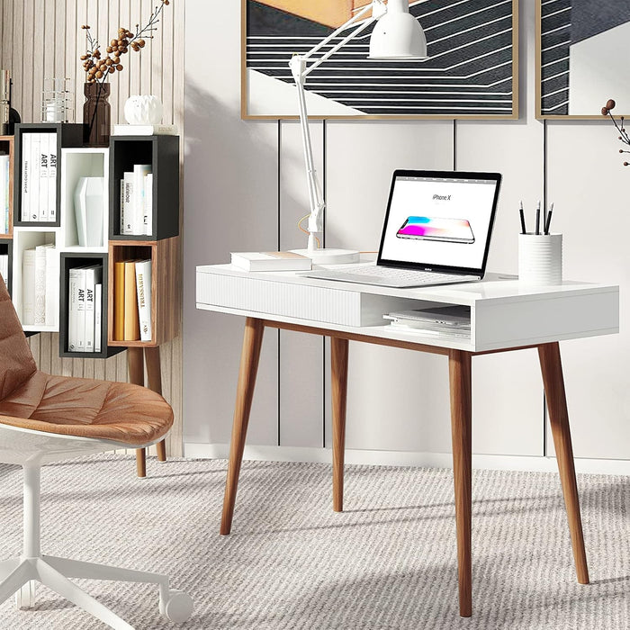 White Writing Desk with Drawers Mid Century Modern Desk, Wood Office Desk Computer Desk Vanity Desk for Small Space, White Desk with Walnut Legs