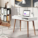 White Writing Desk with Drawers Mid Century Modern Desk, Wood Office Desk Computer Desk Vanity Desk for Small Space, White Desk with Walnut Legs