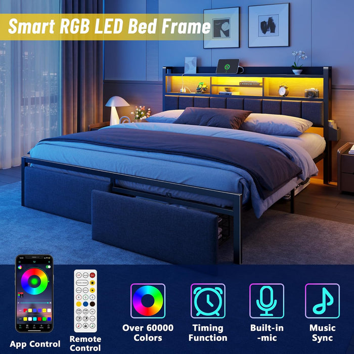 King Bed Frame with Wood Headboard & Storage Drawers, Metal Platform Bed Frames King Size with LED Lights, Built in Charging Station, No Box Spring Needed, No Noise, Easy Assembly, Black