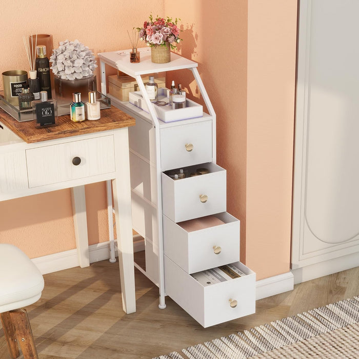 Narrow Dresser Tall Skinny Storage Tower Vertical Slim Chest of Drawers with Charging Station Small Nightstand Side Table for Bedroom, Bathroom, Small Spaces (White, 4 Drawers)