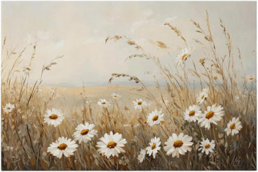 Vintage Floral Oil Painting on Rustic Daisy Field Canvas, Neutral Farmhouse Wall Art, Wildflower Meadow Design, Charming Country Cottagecore Decor (Framed, 24X36, Standard)