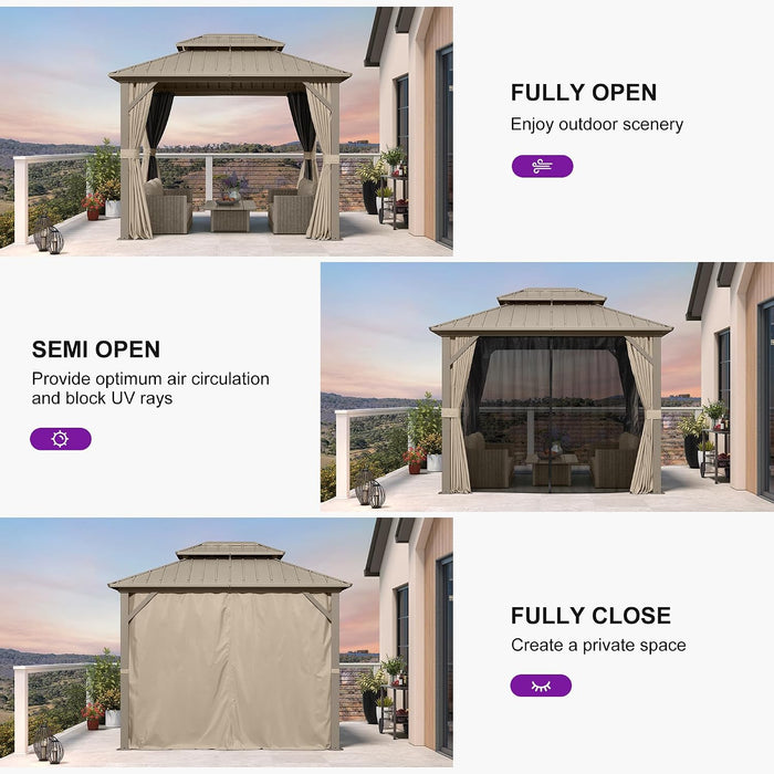 8' X 10' Hardtop Gazebo, Champagne Outdoor Aluminum Gazebo with Galvanized Steel Double Roof, Curtains and Netting for Patio Lawn and Garden