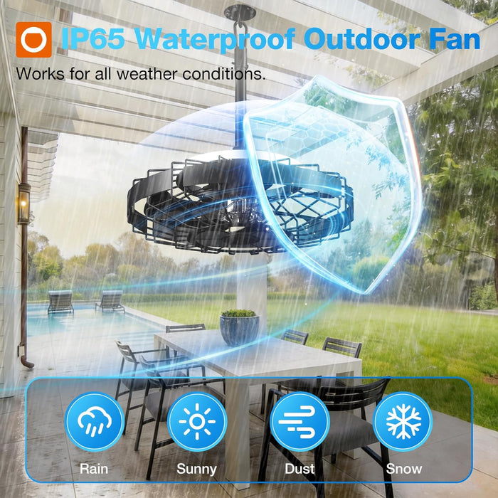 20 Inch Outdoor Ceiling Fan with Light for Patio, IP65 Waterproof Plug in Caged Hanging Fan, Remote Control, 3 CCT, 6 Speeds Reversible Outdoor Fan for Gazebo, Pergola, Porch