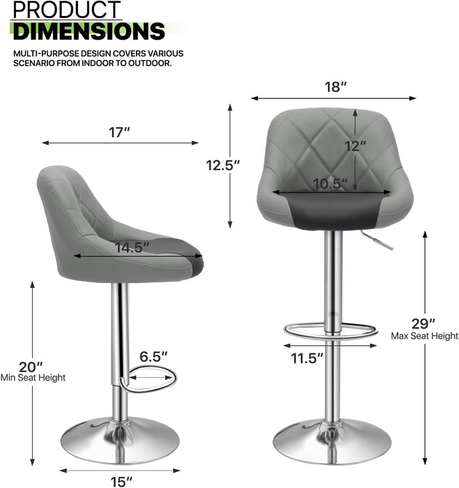 Bar Stools Set of 2 for Kitchen Counter, Height Adjustable Swivel PU Leather Barstools, Modern Bar Chair with Back and Footrest, Grey