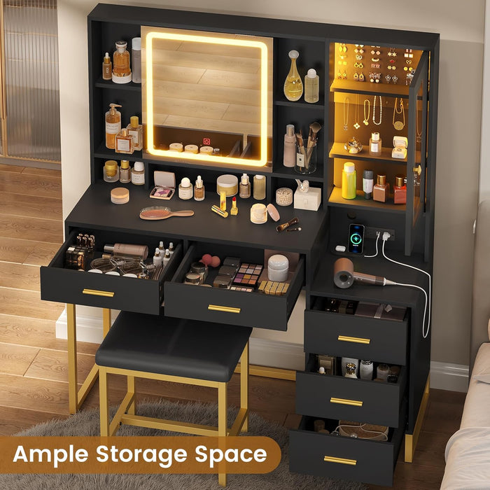 Makeup Vanity with Upholstered Stool & Charging Station, Vanity Desk with Mirror and Lights & Jewelry Storage, Vanity Table Set with RGB Lights & 5 Drawers & Shelves, Black & Gold