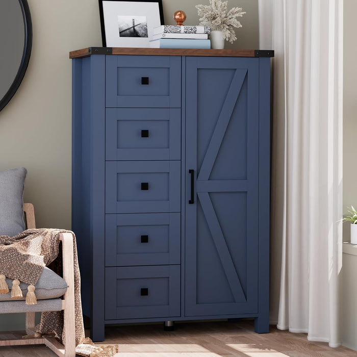 Farmhouse Tall Dresser Chest of Drawer for Bedroom, 5 Drawer Storage Cabinet with Barn Door, 48 Inch Tall Wood Dresser, Adjustable Shelves, Rustic, for Living Room, Entryway, Hallway