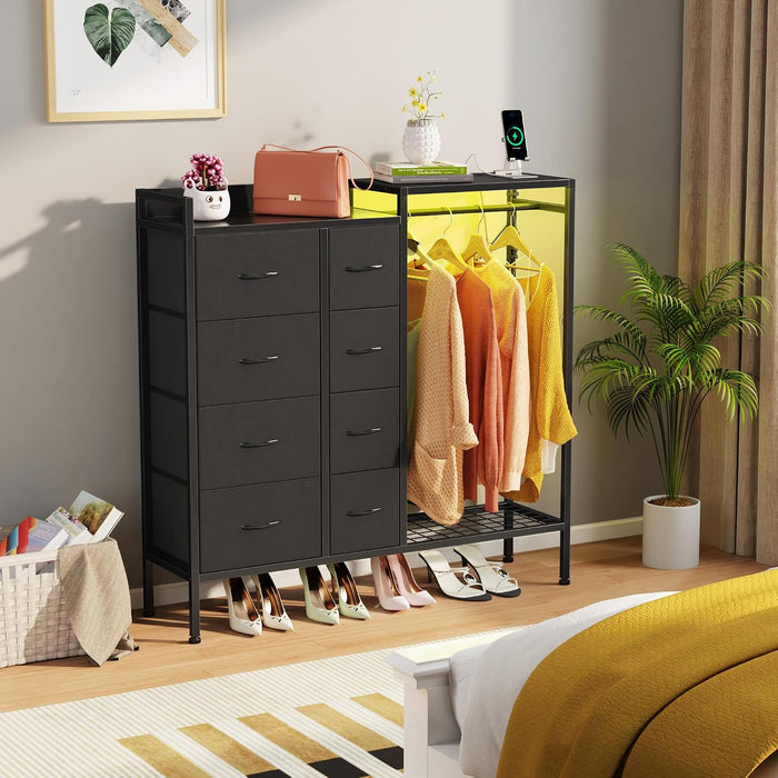 8-Drawer Dresser with Hanging Rack for Bedroom, Black, 11.8" D