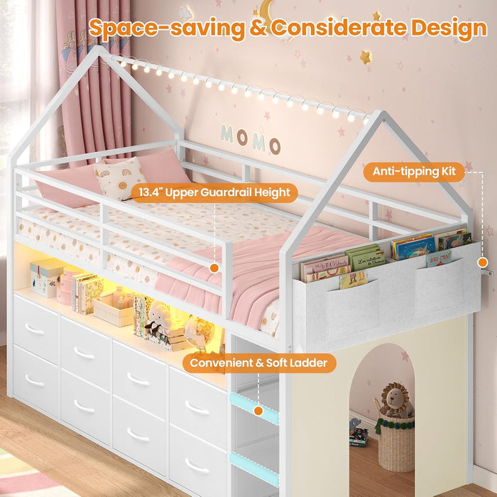 Twin Size Loft Bed for Kids, 8 Storage Drawers & LED Lights, House Shaped Metal Bed with Bookcase, Soft Foam Ladder, 13.4" Safety Guardrail, Space Saving, Fun Curtain
