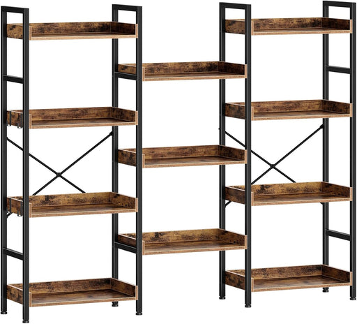 Bookshelf 4 Tiers with 4 Hooks, Triple Bookcase with Open Display Shelves, Industrial Wide Bookshelf with Metal Frame for Living Room, Office, Rustic Brown