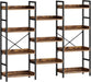 Bookshelf 4 Tiers with 4 Hooks, Triple Bookcase with Open Display Shelves, Industrial Wide Bookshelf with Metal Frame for Living Room, Office, Rustic Brown