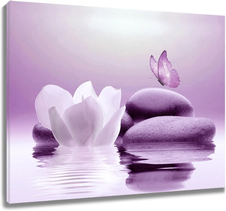 Zen Stone Canvas Wall Art Water Lily and Purple Butterfly on the Lake Wall Art for Bathroom Living Room Bedroom Spiritual Yoga Spa Picture Wall Decor Framed Bedroom Wall Art,16X12 Inches