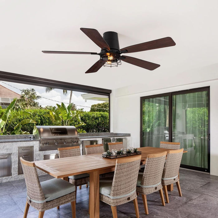 52 Inch Ceiling Fans with Lights, Farmhouse Ceiling Fan with Lights and Remote, Noiseless DC Motor, Black Flush Mount Ceiling Fan for Bedroom Living Room Indoor Outdoor