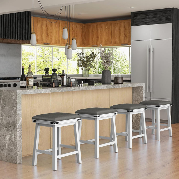 24" Counter Height Bar Stools Set of 2, Faux PU Leather Farmhouse Wood Barstools with Padded Seat, Solid Wood Frame, Max Load 330 Lbs, Saddle Stools for Kitchen Island Pub, White
