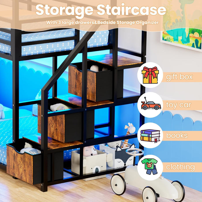 TwinOverTwin Black Metal Bunk Bed With StorageDrawers