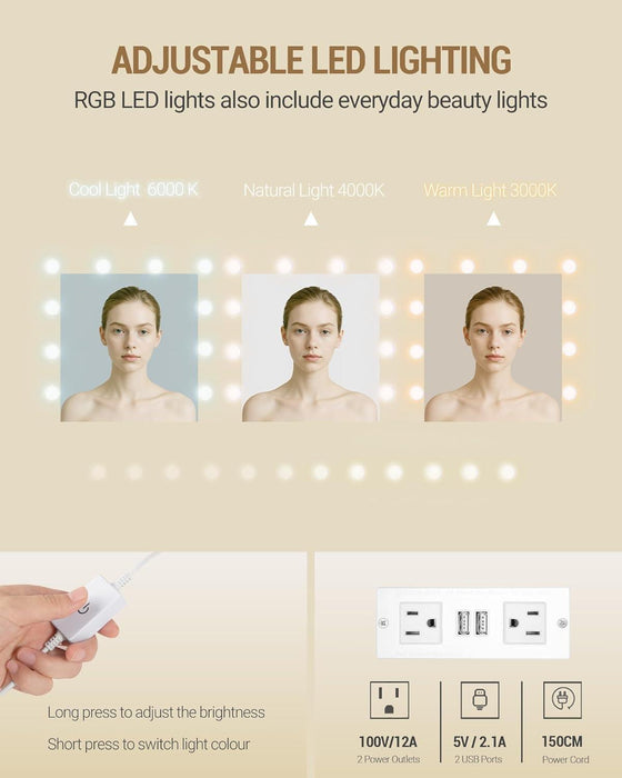 Vanity Desk with Mirror, Makeup Vanity with RGB Led Lights,Dressing Table with Power Strip,8 Drawers & 8 Storage Shelves, 47.2Inch Desktop, Modern, White