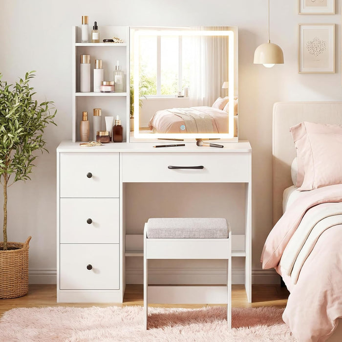38" Vanity Desk with Lighted Sliding Mirror, Adjustable LED Lighting, Hidden Storage, 4 Drawers & 3 Shelves, Cushioned Stool, Modern Makeup Vanity Dressing Table Set for Bedroom, White