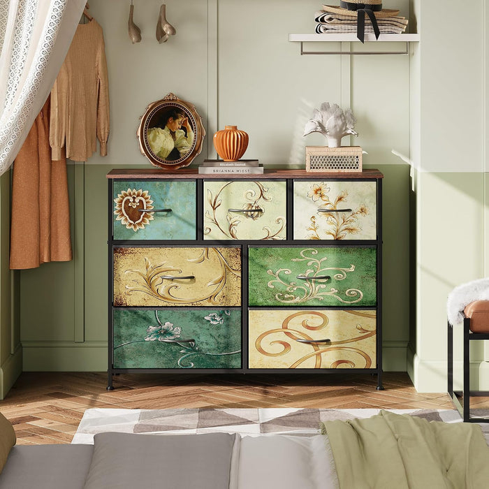 Dresser for Bedroom, 7 Drawers, TV Stand, Floral