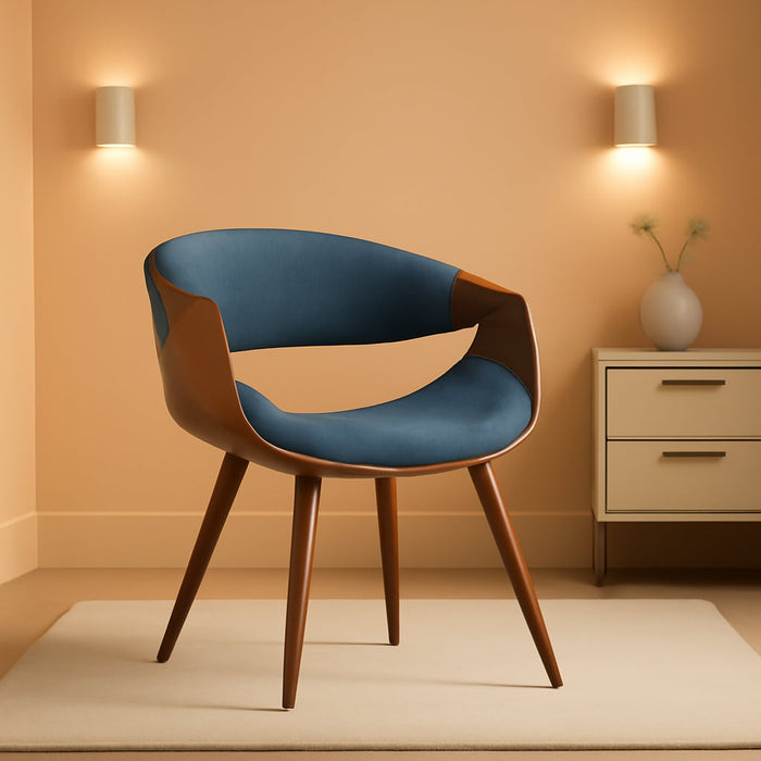 Butterfly Mid Century Modern Dining Chair for Kitchen Office Desk Vanity in Blue Fabric Upholstery and Walnut Wood Finish
