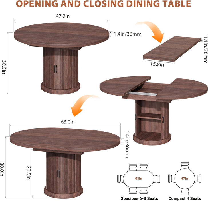 Dining Table for 4-6,63“Extendable round Kitchen Dining Room Table with 2-Tier Storage Shelf, Space Saving Expandable Wood Oval Circle Dinner Furniture with Pedestal Base (Brown)