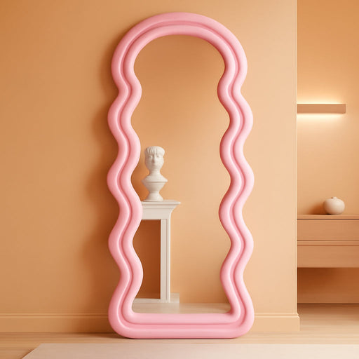 Full Length Mirror 63"X24", Irregular Wavy Mirrors, Wave Arched Floor Mirror, Wall Mirror Standing Hanging or Leaning against Wall for Bedroom, Flannel Wrapped Wooden Frame Mirror-Pink