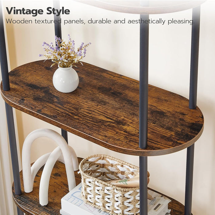 5 Tier Open Bookshelf, Industrial Arched Bookcase Display Shelf Rack, Wooden Bookcase Storage Shelf Metal Frame, Tall Storage Organizer for Home, Easy Assembly, Rustic Brown BF176SJ01