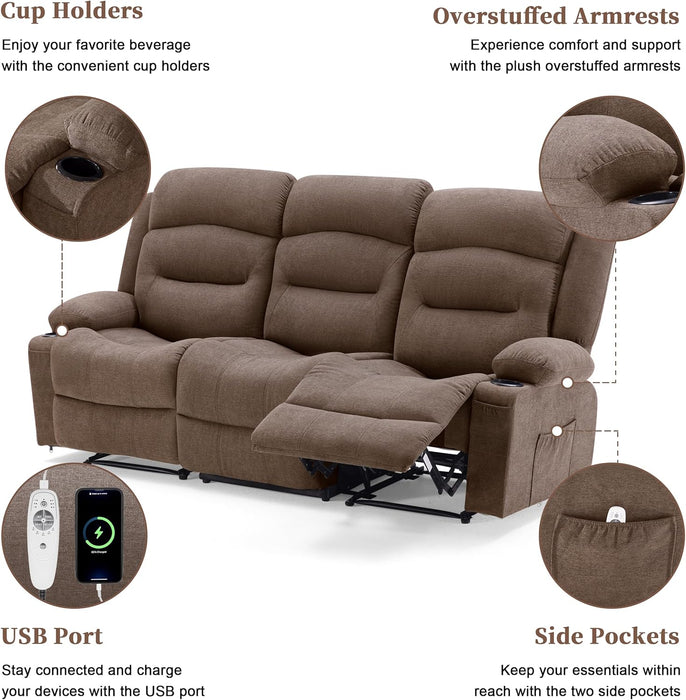 Oversized Recliner Sofa with Heat and Massage, Wall-Hugger Reclining Sofa with Cup Holders and USB Port, Big Large 3-Seater RV Recliner Couch Sofa for Living Room (Fabric, Brown)