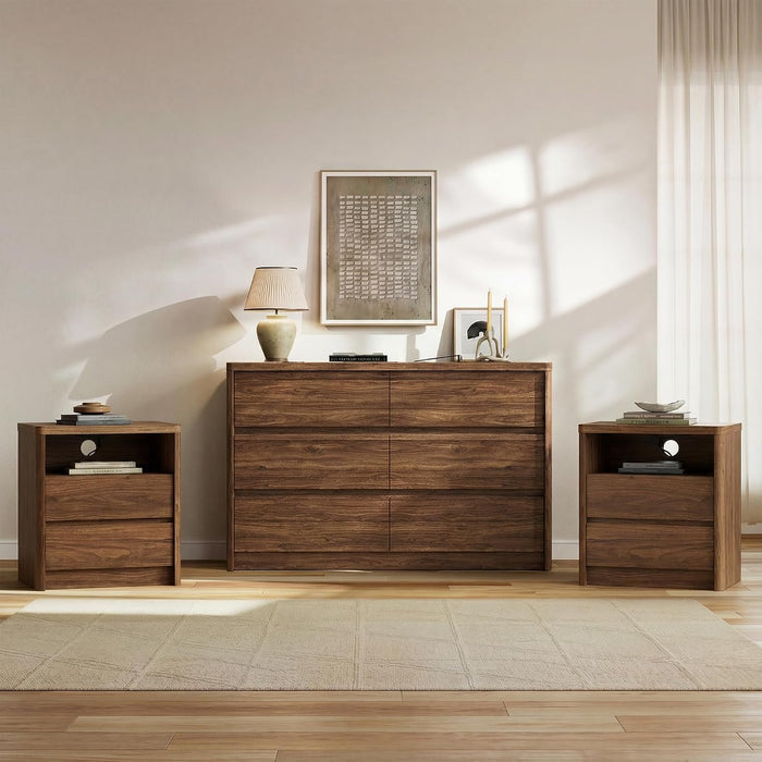 6 Drawer Walnut Dresser for Bedroom, 47.2" Wide Modern Chest of Drawers with 6 Large Storage Space with Curved Edge Design, Large Dresser for Bedroom,Walnut
