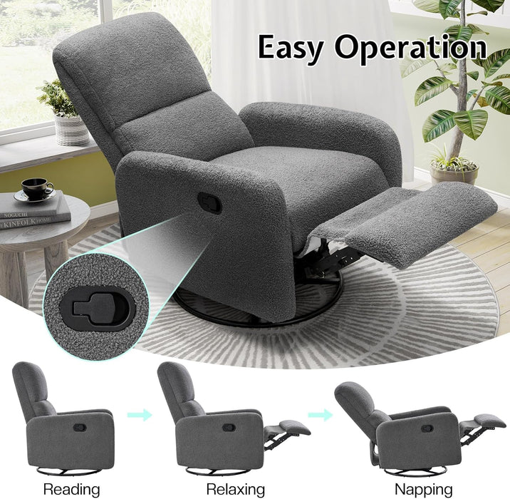 Swivel Rocking Chair, Nursery Glider Recliner Chairs for Adults, Rocker for Living Room Bedroom, Comfy Upholstered Modern Nursing Reclining Single Sofa, Grey Teddy