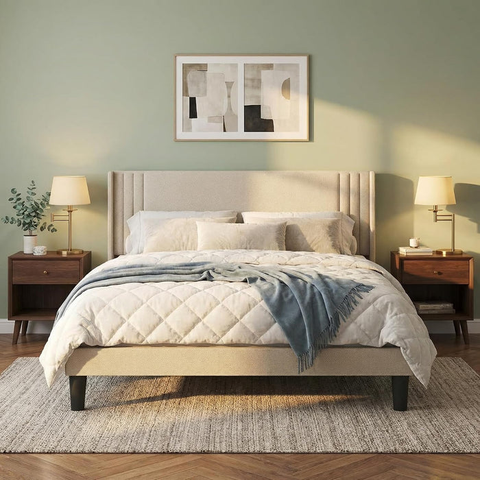 Queen Bed Frame with Wingback Headboard, Upholstered Platform Bed