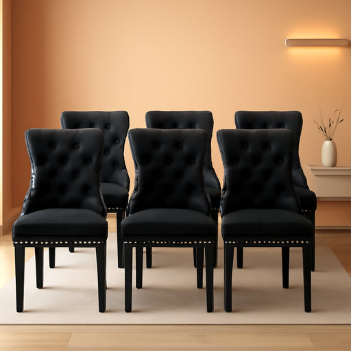 Black Velvet Ring Pull Trimmed Dining Chairs Set of 6