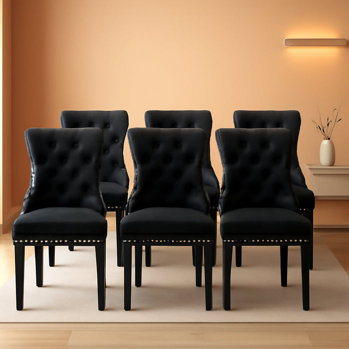Black Velvet Ring Pull Trimmed Dining Chairs Set of 6
