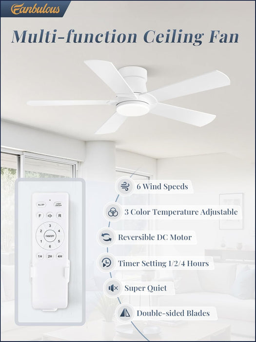 Ceiling Fans with Lights and Remote, 42 Inch Low Profile Flush Mount Ceiling Fan,White Modern Ceiling Fan with LED Light for Bedroom Indoor Outdoor-5 Reversible Blades, 3CCT, 6 Speeds, Timer